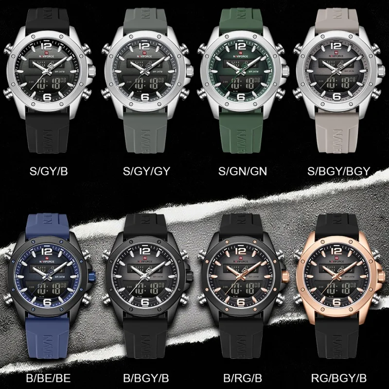 ساعة NAVIFORCE للرجال كوارتز LCD بشاشة عرض مزدوجة مع حزام سيليكون 3ATM مقاومة للماء ومضادة للصدمات وإضاءة ليلية كاجوال رياضية
