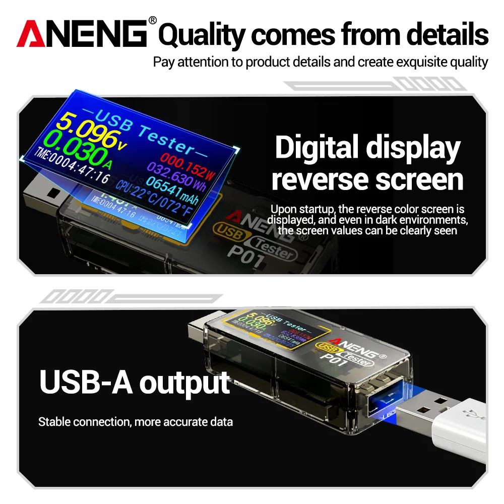 Type-C Multi-function Digital Display Voltage Ammeter Power Meter DC 4-30V Voltmeter Ammeter Charger Capacity Tester ANENG P01