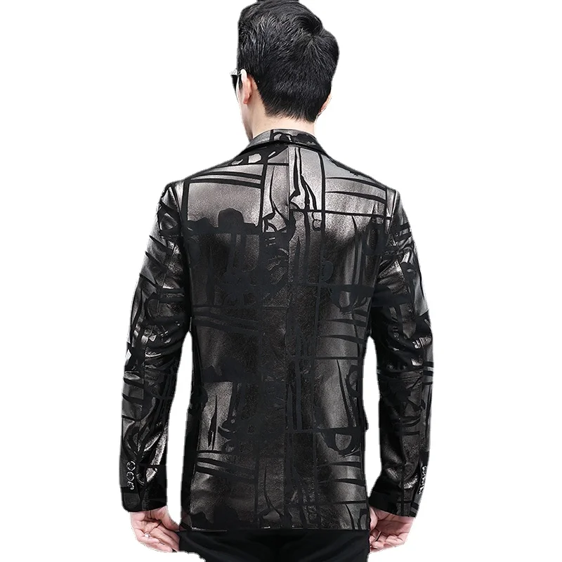 Natural Genuine Leather Coat Men\'s Sheepskin Printed Suit Jacket Fall/Winter Slim Suit Collar leather jacket  jaqueta masculina