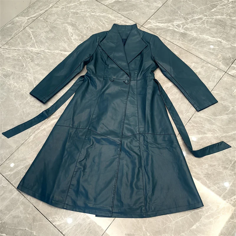 女性用シープスキンレザートレンチコート,ベルト,ロング,ブルー,ブラック,ソフト,エレガント,ラグジュアリーファッション,mから5xl,秋冬