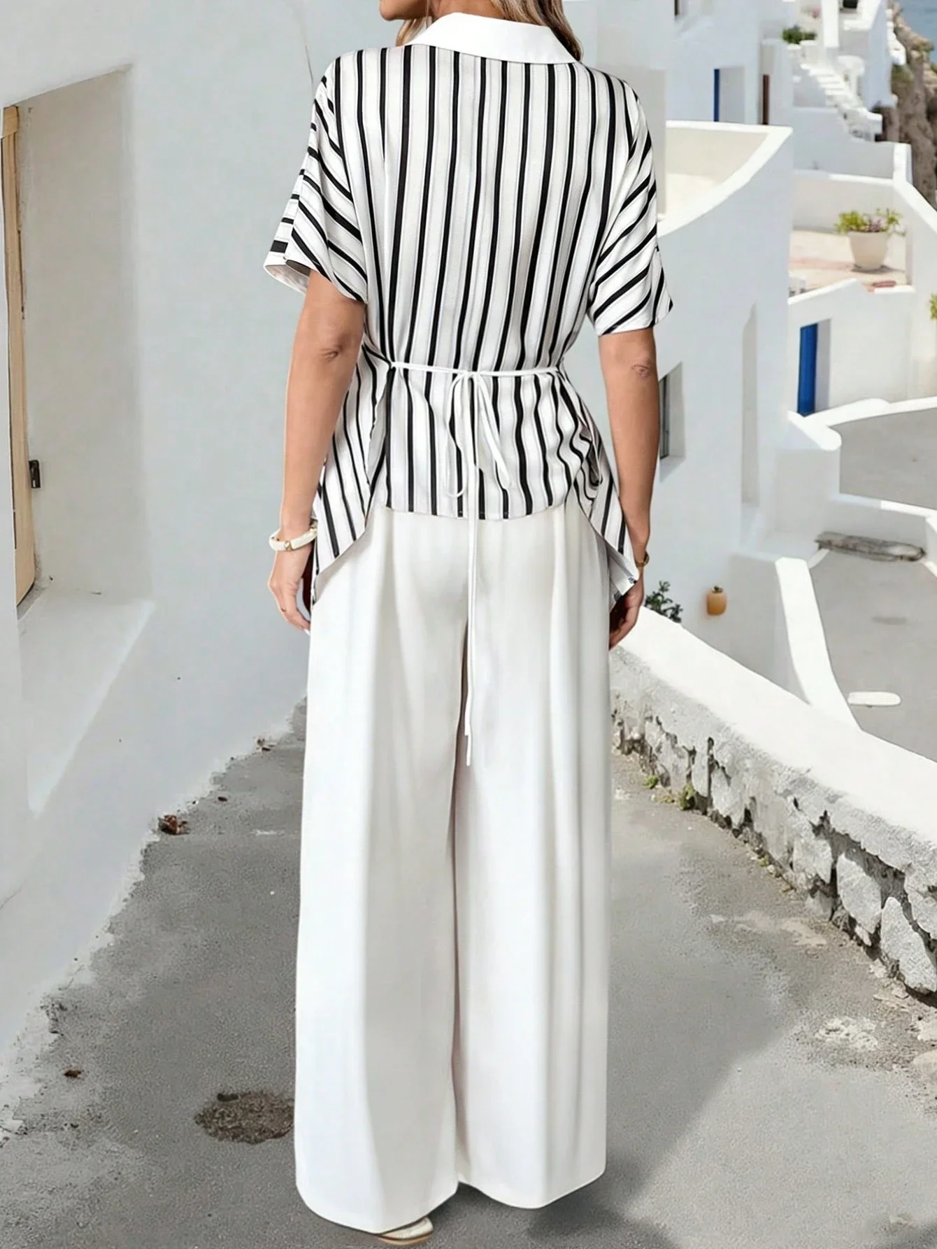 

Striped V-Neck Short Sleeve Wrap Top With Wide Leg Pants Set Women Casual Beach Vacation Outfit