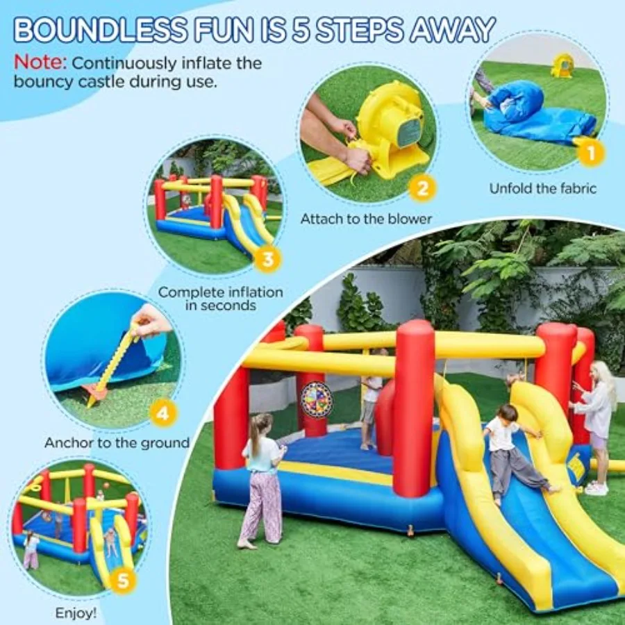 Casa de salto inflável, área de salto grande 7 em 1 com arco de obstáculo, corrediça, jogo de basquete e jogo de dardo, casa de salto para K