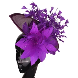 Ladies Purple Fedora Imitation Sinamay Fascinator Headband Wedding Hat Fancy Feather Party Headwear Church Occasion Headpiece