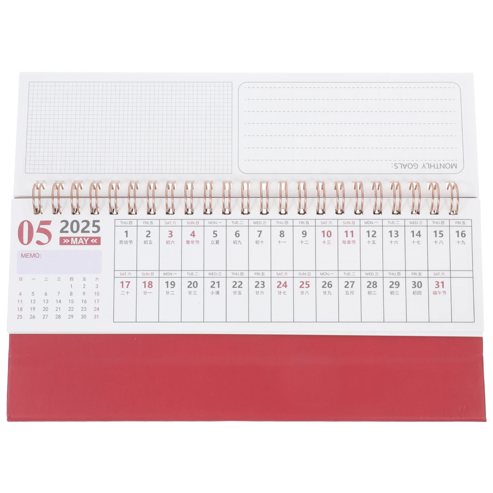Calendario de escritorio, planificador de bobina creativo largo, soporte decorativo, decoración roja, tapa