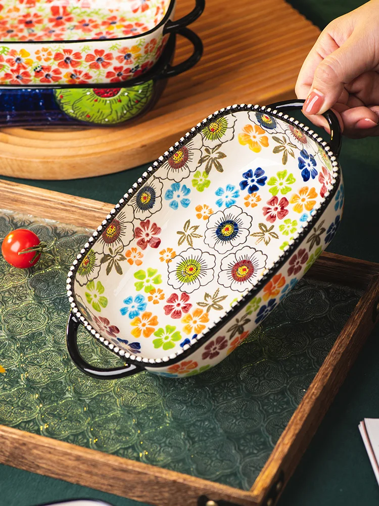 

Hand-Painted Ceramic Double-Eared Dish Rectangular Microwave Safe Dinner Plate Home Use Cooking Plate Retro Baking Tray