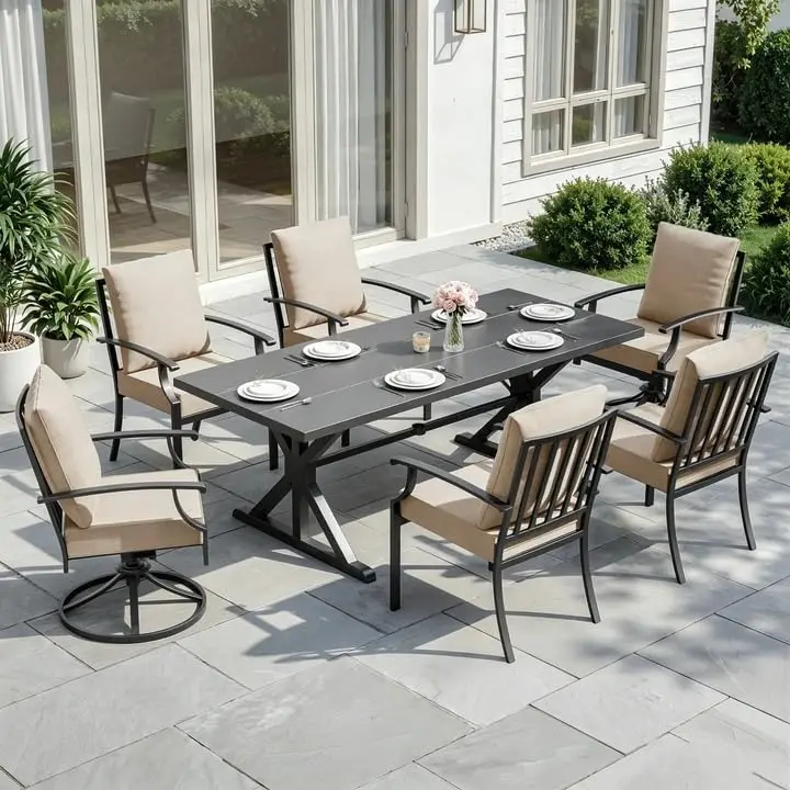 7-Piece Metal Patio Dining Set with 2 Swivel Chairs & Rectangle Table with 1.5 Umbrella Hole for Backyard, Sand, Customized