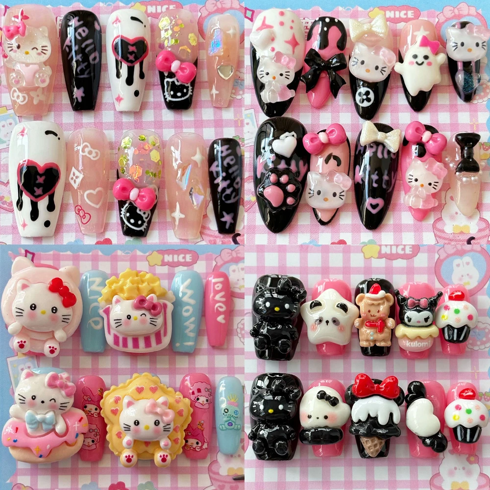 

Anime Kawaii Cute 3D Sanrio Hello Kitty Handwork Press-On Nails Cartoon Bowknot Hand Drawn Doodle Removable Nails Festivals Gift