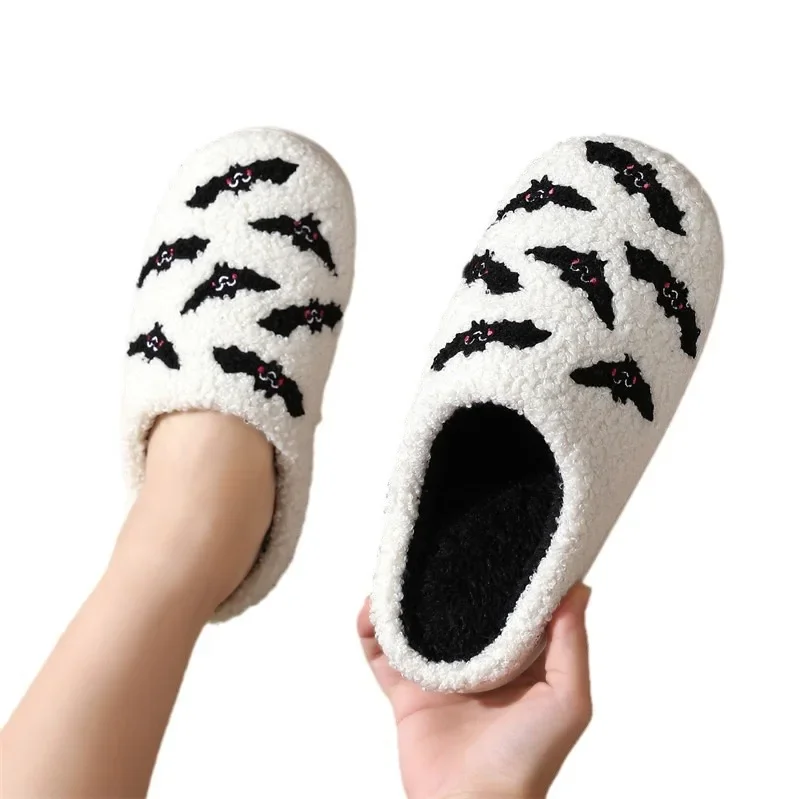 Pantoufles Moelleuses à Talons Plats pour Femme, Chaussures en Coton Chaud, Style d'Halloween, Semelle Souple, Peluche, Maison, Décontracté, Drôle, Hiver, 2024