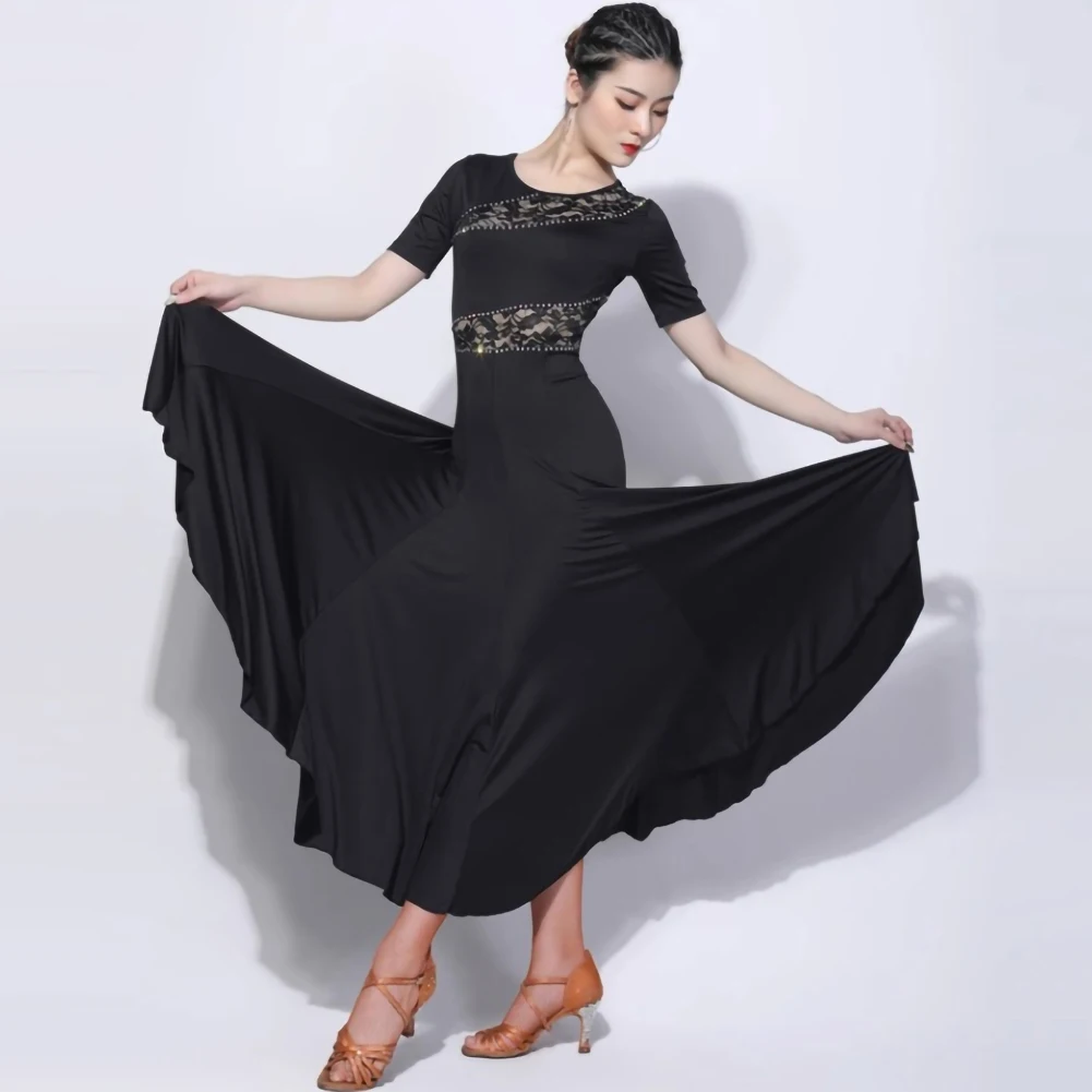 ชุดเดรสแข่งขันมาตรฐานแขนยาว ชุดแสดงบนเวทีสำหรับผู้หญิง คอกลม สีแดงไวน์ แขนสั้น ประดับคริสตัลสำหรับเต้นบอลรูม