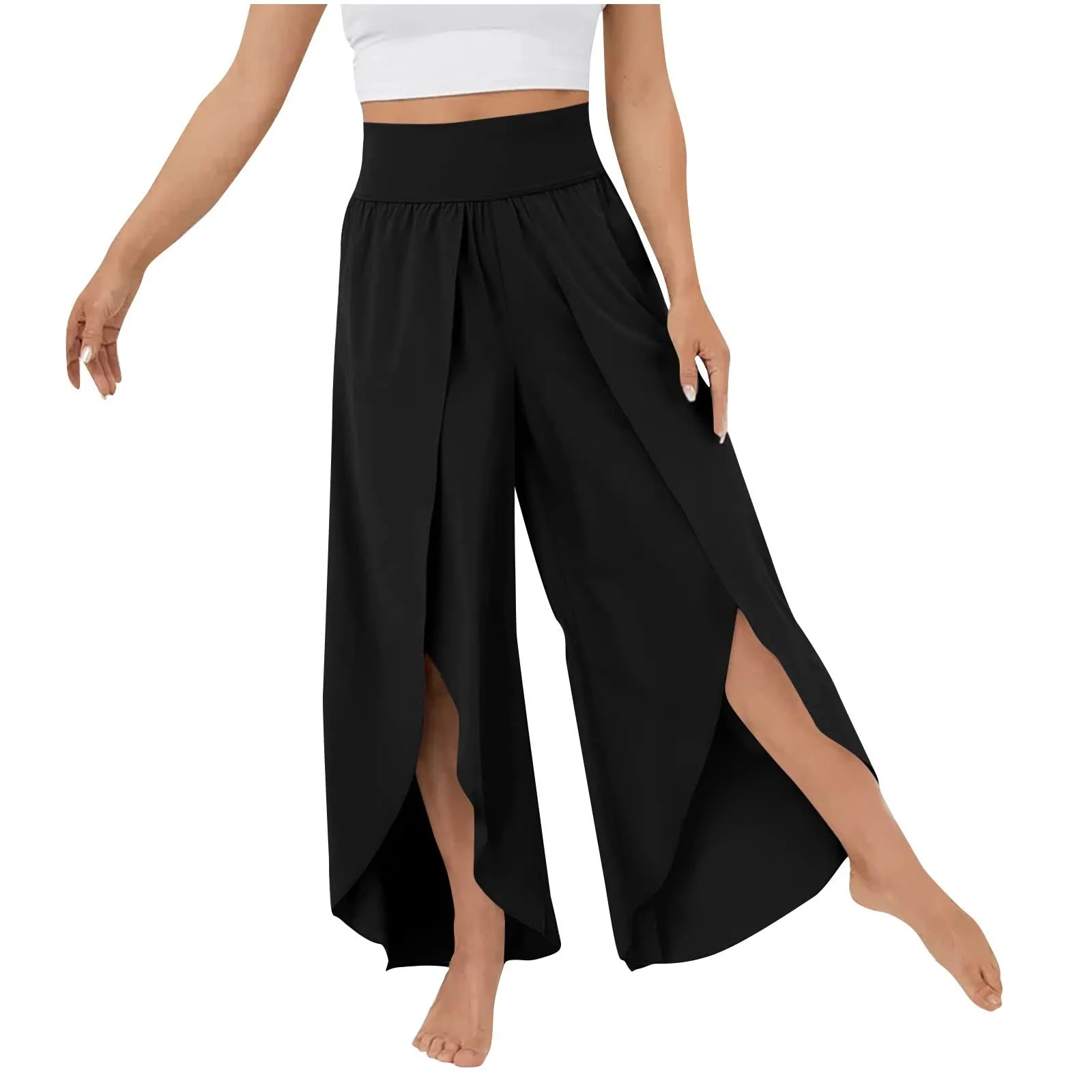 Women Pants High Waist Wide Elastic Waistband Fitness Pants Solid Color Thin Ninth-Length Women Loose Flowy Split Wide Leg Pants