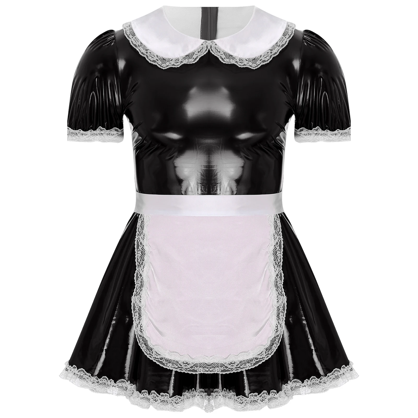 

Men Maid Dress with Apron Doll Collar Puff Sleeve Patent Leather Dress Maid Cosplay Sissy Servants Wetlook Crossdresser Costume