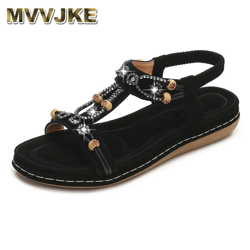 MVVJKE Women Sandals New Flat Sandals Women Summer Bohemia Style Rhinestone Comfortable Beach Shoes Women Plus