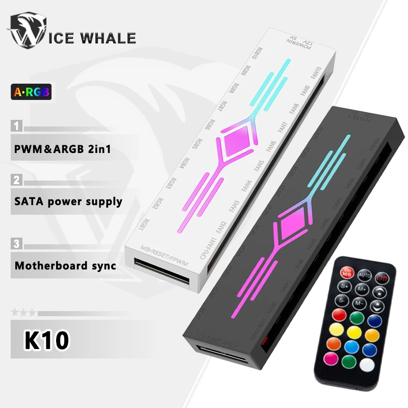 

ICE Whale K10 1 to 10 PWM&ARGB Case Fan Hub SATA Power Interface Splitter 4Pin PWM 3Pin Addressable ARGB With Remote control
