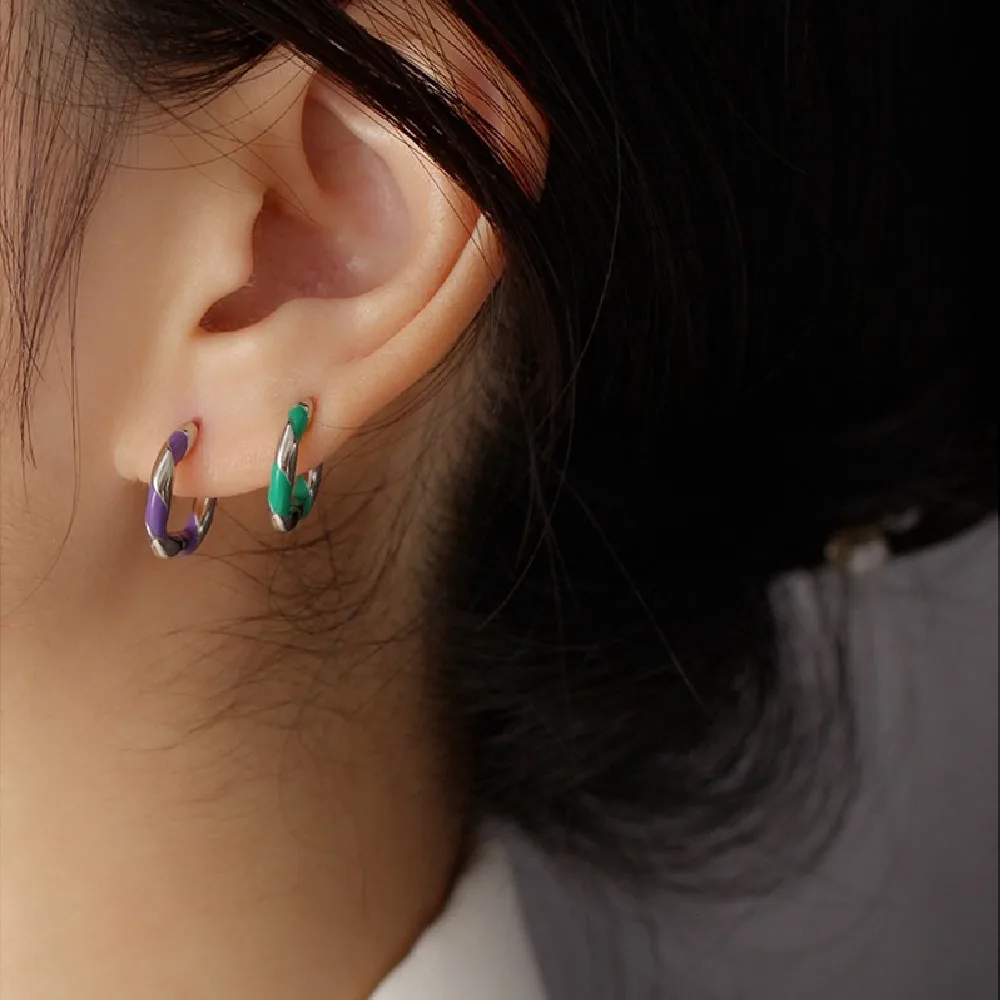 CCFJOYAS 100% 925 Sterling Silver Punk Rock Colorful Spiral Enamel Hoop Earrings for Women 8.5mm Round Circle Piercing Earrings