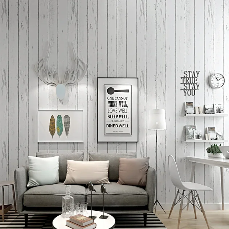 White stripe Mediterranean style nostalgic wood grain non woven wallpaper bedroom living room background wall wallpaper