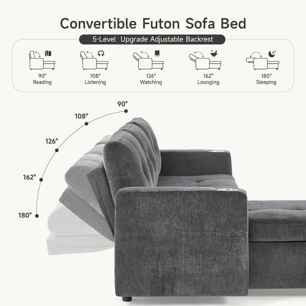 أريكة ONBRILL النائمة، أريكة سرير مقطعية على شكل حرف L مع كرسي تخزين، مجموعة خالية من الأدوات، أريكة قابلة للعكس 3 في 1 قابلة للسحب، أريكة