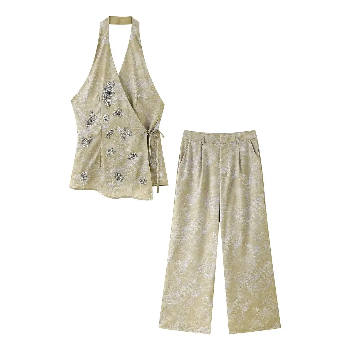 

MYST&ZA2025 summer new retro jacquard halter neck camisole temperament hot girl style backless top with comfortable trousers