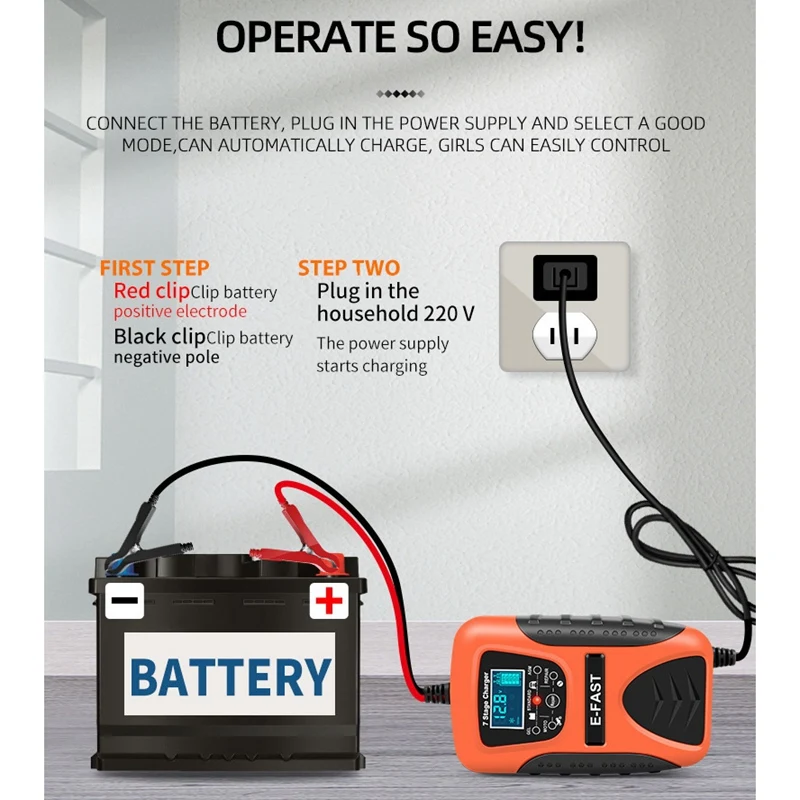 E-Fast 12V 7 Segment Multi-Battery Mode Lead-Acid Battery Charger Power Pulse Repair With LCD Digital Display