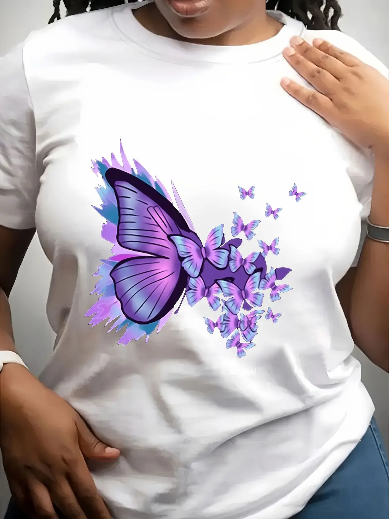 Women's Trendy Crew Neck T-Shirt Purple Butterfly Splash Art Print Suitable for Casual Sportswear