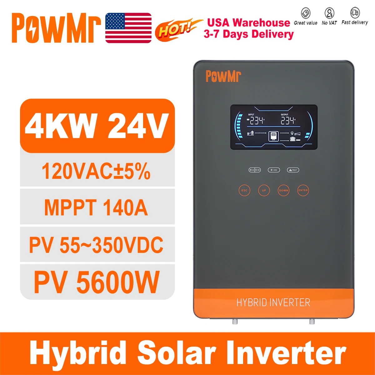 PowMr USA 4000W 24V Hybrid Solar Inverter Charger 100/110/120V AC Pure Sine Wave 140A MPPT Charger Max 5600W PV 55-350V DC Off Grid Inverter for Lead Acid AGM Gel Lithium Battery Home Emergency Solar Power System