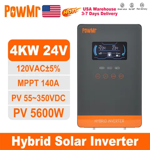 PowMr USA 4000W 24V Hybrid Solar Inverter Charger 100/110/120V AC Pure Sine Wave 140A MPPT Charger Max 5600W PV 55-350V DC Off Grid Inverter for Lead Acid AGM Gel Lithium Battery Home Emergency Solar Power System