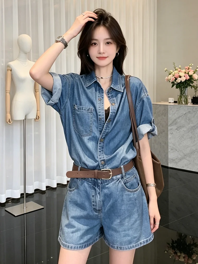 Fashionable Casual Denim Jumpsuit Set Women's Summer 2026 High Waist Breathable Polyester Fiber Short Sleeve Button up Shirt