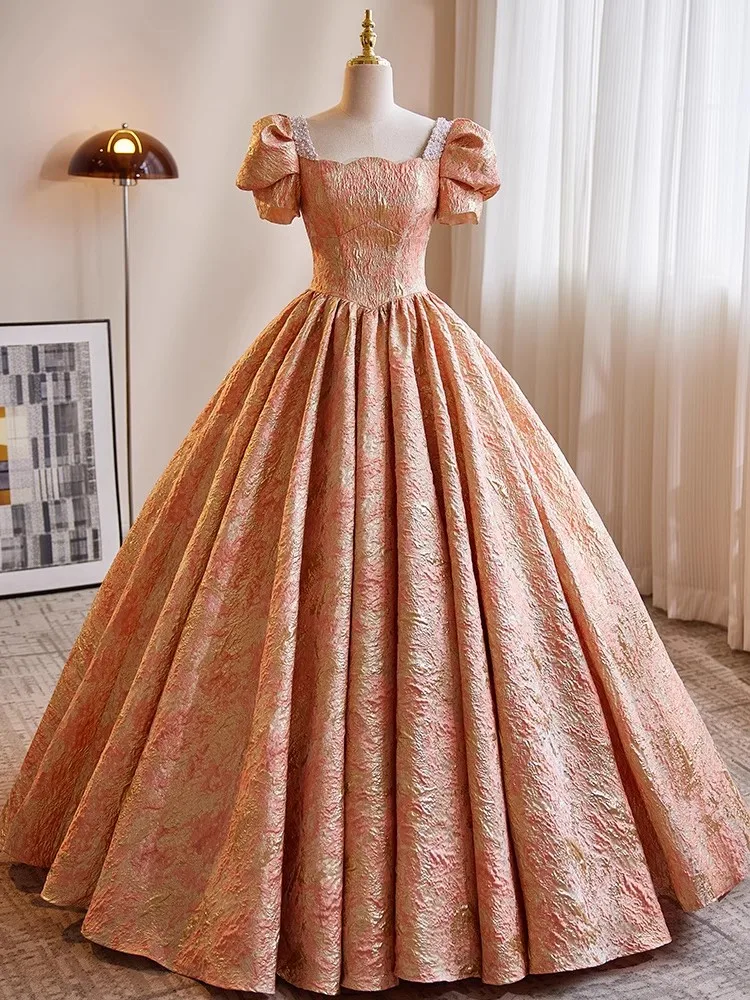 Customized Formal Prom Dress Retro Beading Pearls Square Collar Puff Sleeve Ball Gown Elegant Women Long Banquet Party Dress