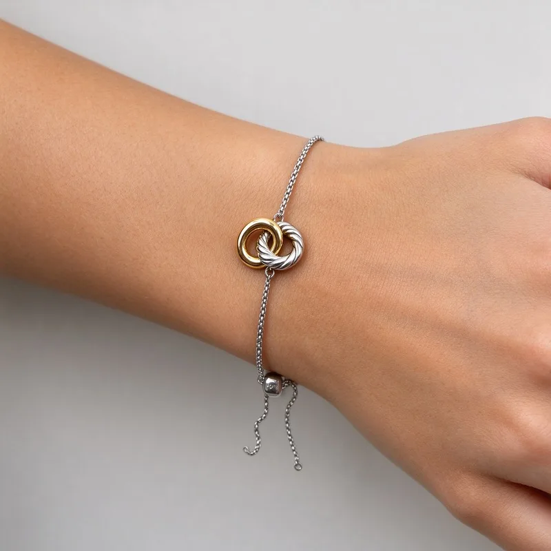 Two Tone Gold Silver Twisted Double Ring Slider Bolo Chain Bracelet for Women High Quality Polished Alloy Interwoven Circle Charm Adjustable Box Chain Elegant Minimalist Jewelry for Daily Wear Party Wedding Christmas Birthday Anniversary Gift for Her