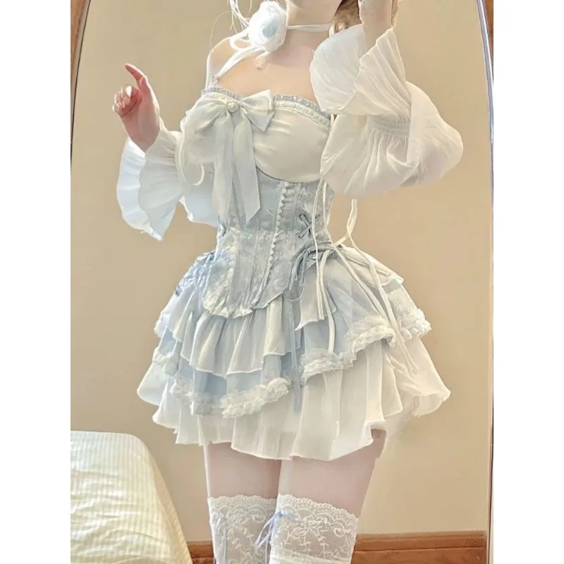 Vestido azul de Lolita, conjunto ajustado sin mangas, minivestido de fiesta, moda de verano, 2024