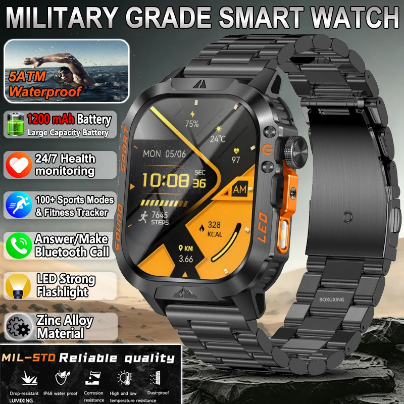 2026 New Military Smart Watch Men 1200mAh Battery IP68 Waterproof Fitness Tracker Health Monitoring Smartwatches For iOS Android