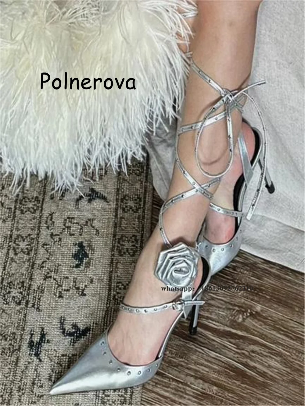 

Silver Flower Sandals Pointed Toe Thin Heels Women's Shoes Cross Tied Ankle Strap Metal Rivet Buckle Summer Party Fashion Shoes