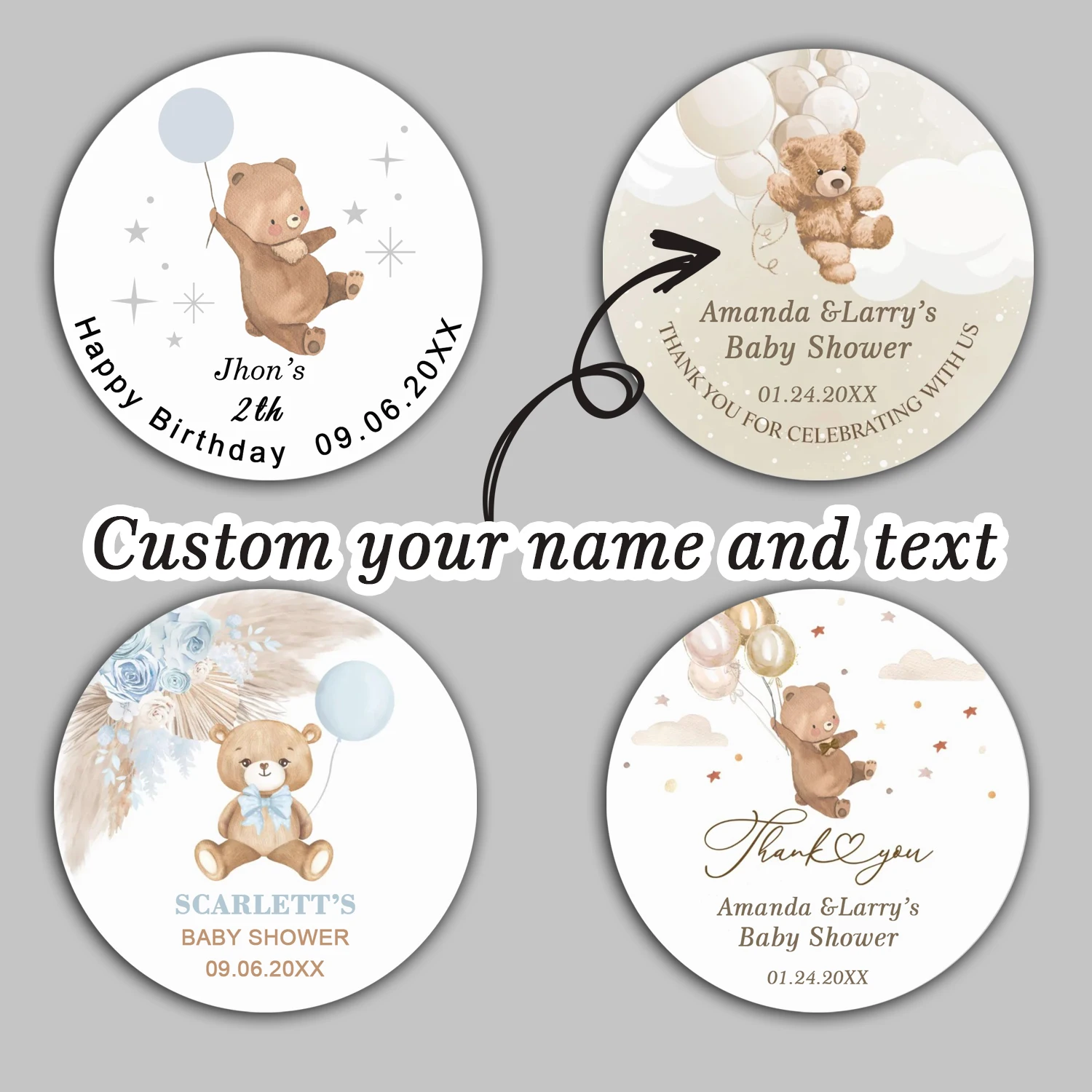 

100 custom cartoon balloon bear stickers, personalized name birthday gift seal labels, and party decoration supplies