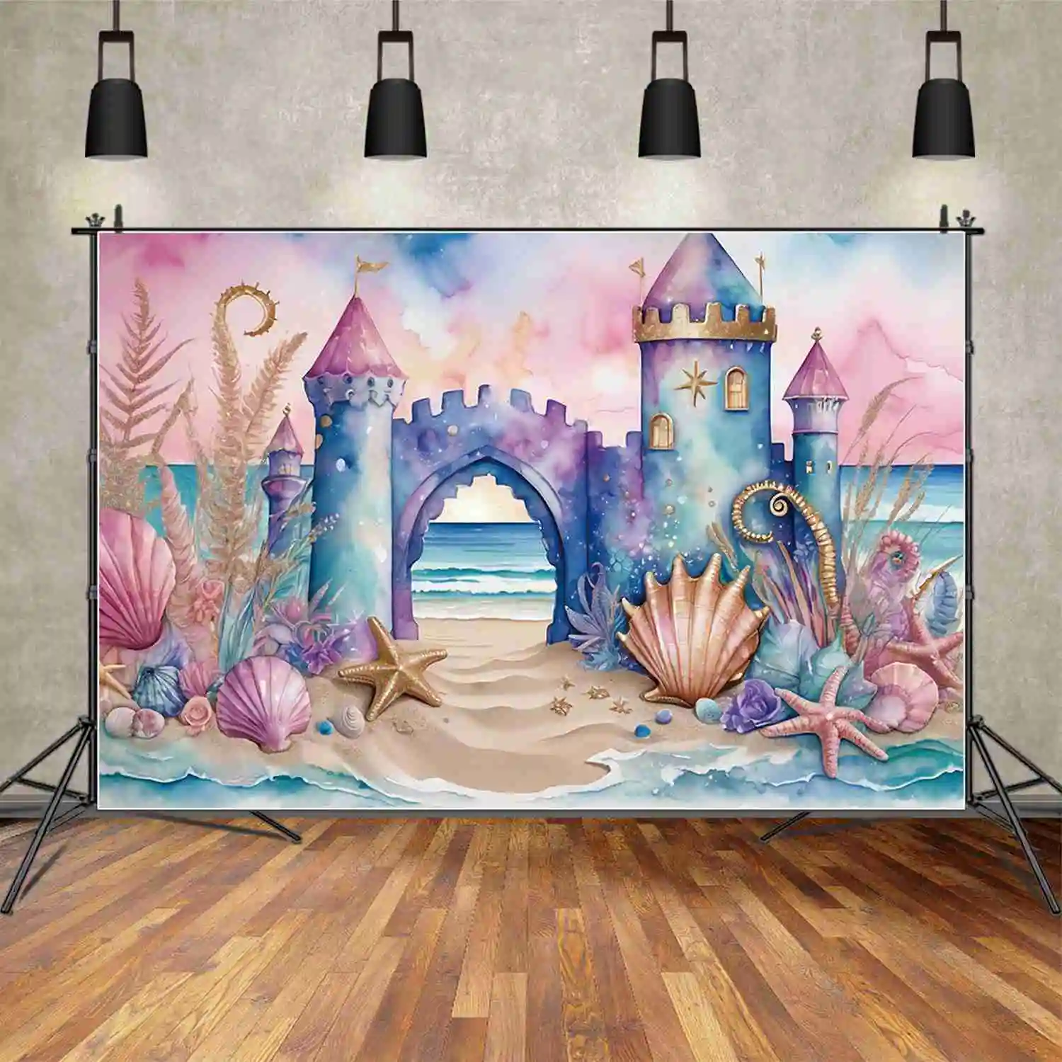 

MOON.QG Beach Castle Sand First Birthday Backdrops Girls Fairy Princess Summer Backgrounds Custom Party Photozone Studio Props