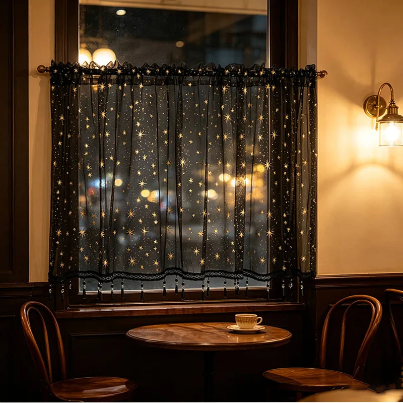 1pc Edgy Midnight Gilded Star Tulle Short Curtain, Wavy Black Lace Beaded Tassel for Record Workspace Dark‑Tone Decor