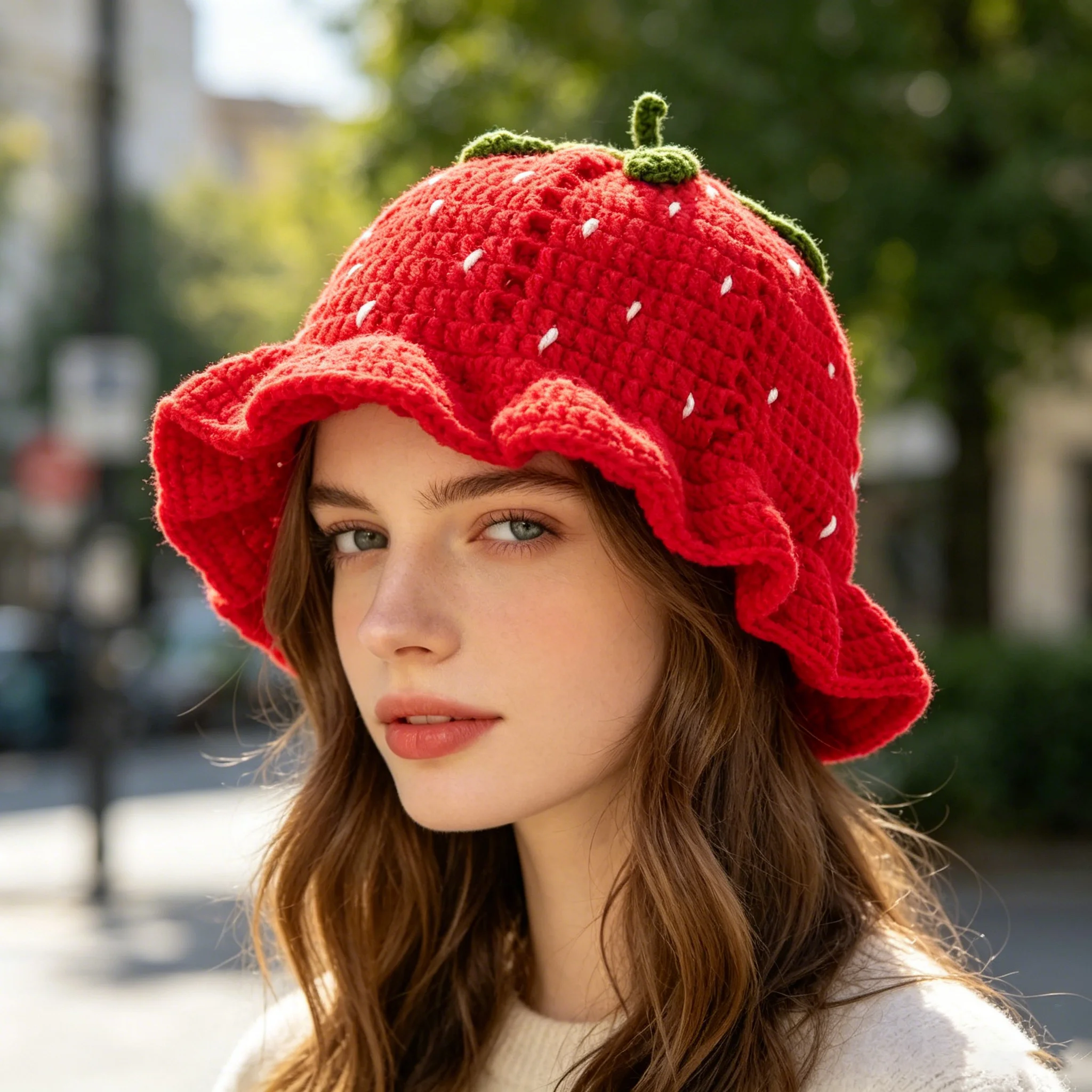 Cartoon Red Strawberry Bucket Hat Women Crochet Knitted Hat Fashion Ruffled Sun Hat Sweet Cute Watermelon Bucket Hat Panama Hat