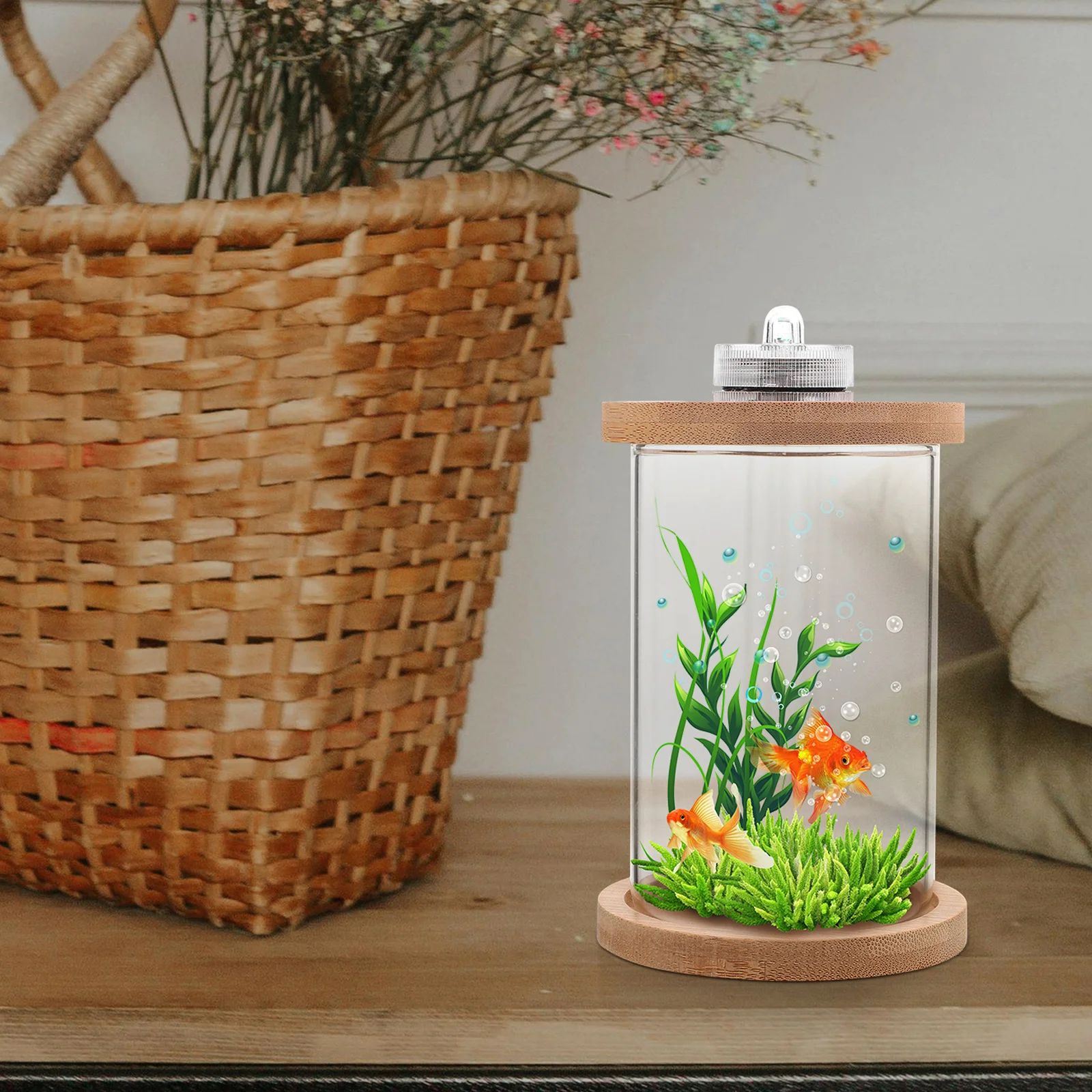 

Mini Fish Tank 10Cm Diameter 15Cm Height High Clarity Glass Led Lit Aquarium Solid Wood Base For Desk Bedroom Decor Stress