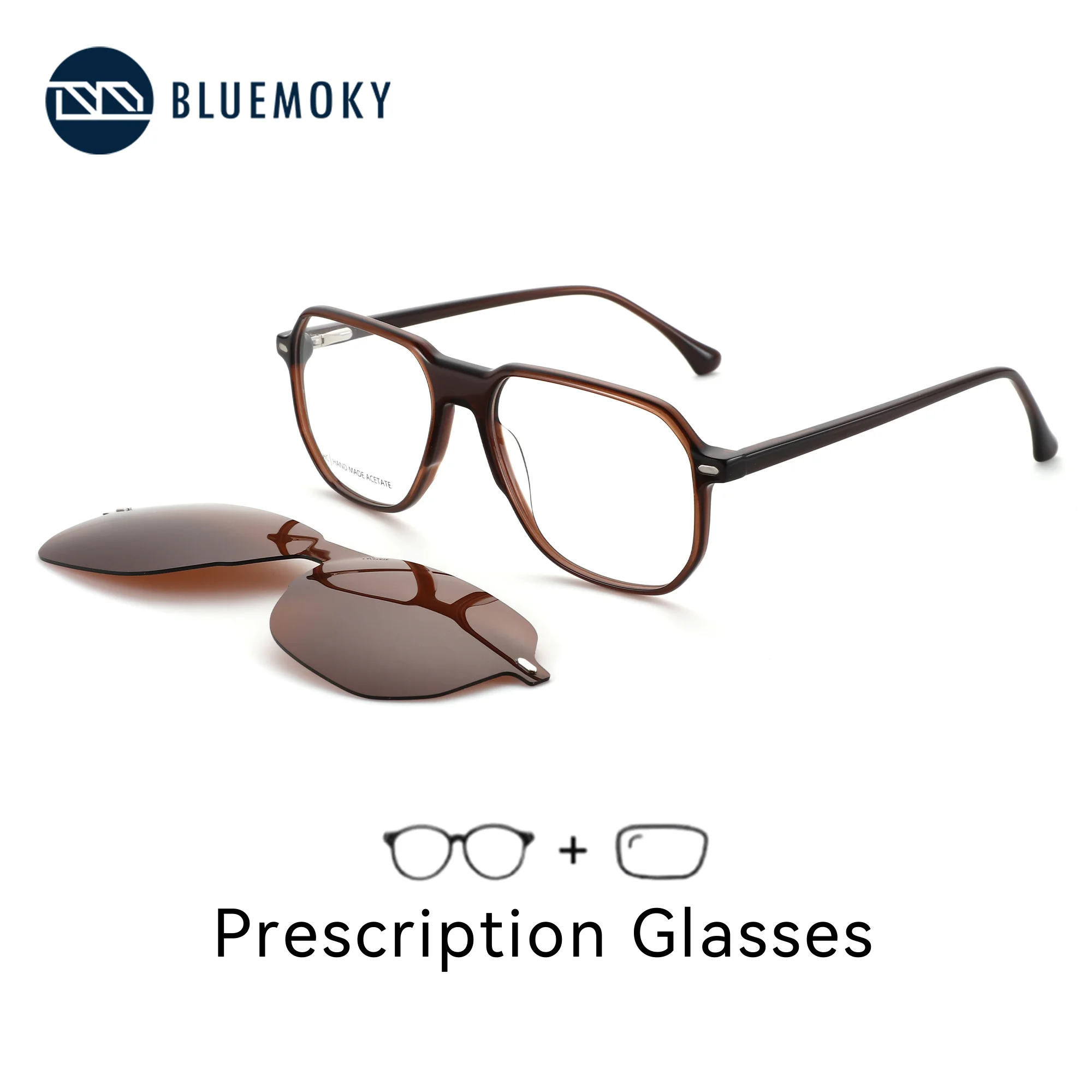 

BLUEMOKY (M Size) Square Acetate Clip on Prescription Glasses For Men Photochromic Lenses Multifocal Grade Glasses Near and Far