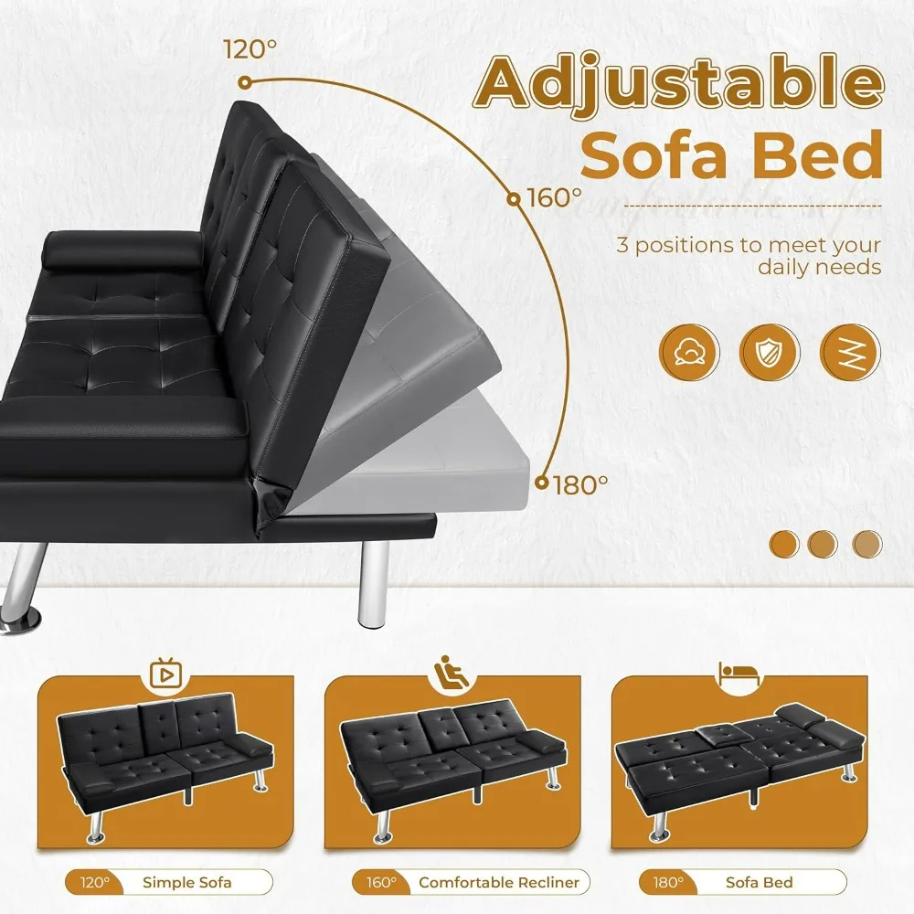 VICTONE Futon Sofa Bed Modern Faux Leather Couch Bed Convertible Folding Recliner for Living Room with 2 Cup Holders and Armrest image 5