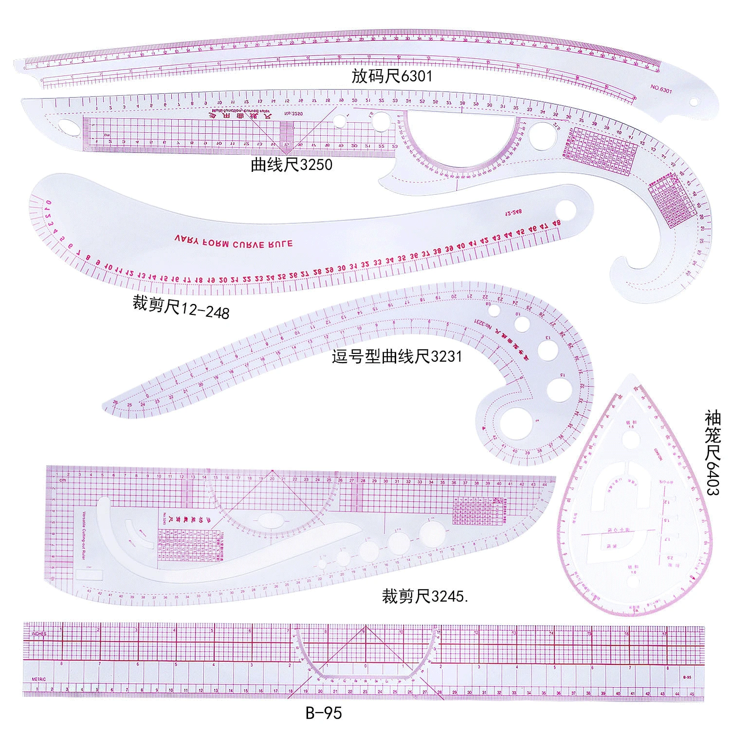 9/6/5Pcs Ruler Tailor Measuring Kit Clear Sewing Drawing Ruler Yardstick Sleeve Arm French Curve Set Cutting Ruler Paddle Wheel