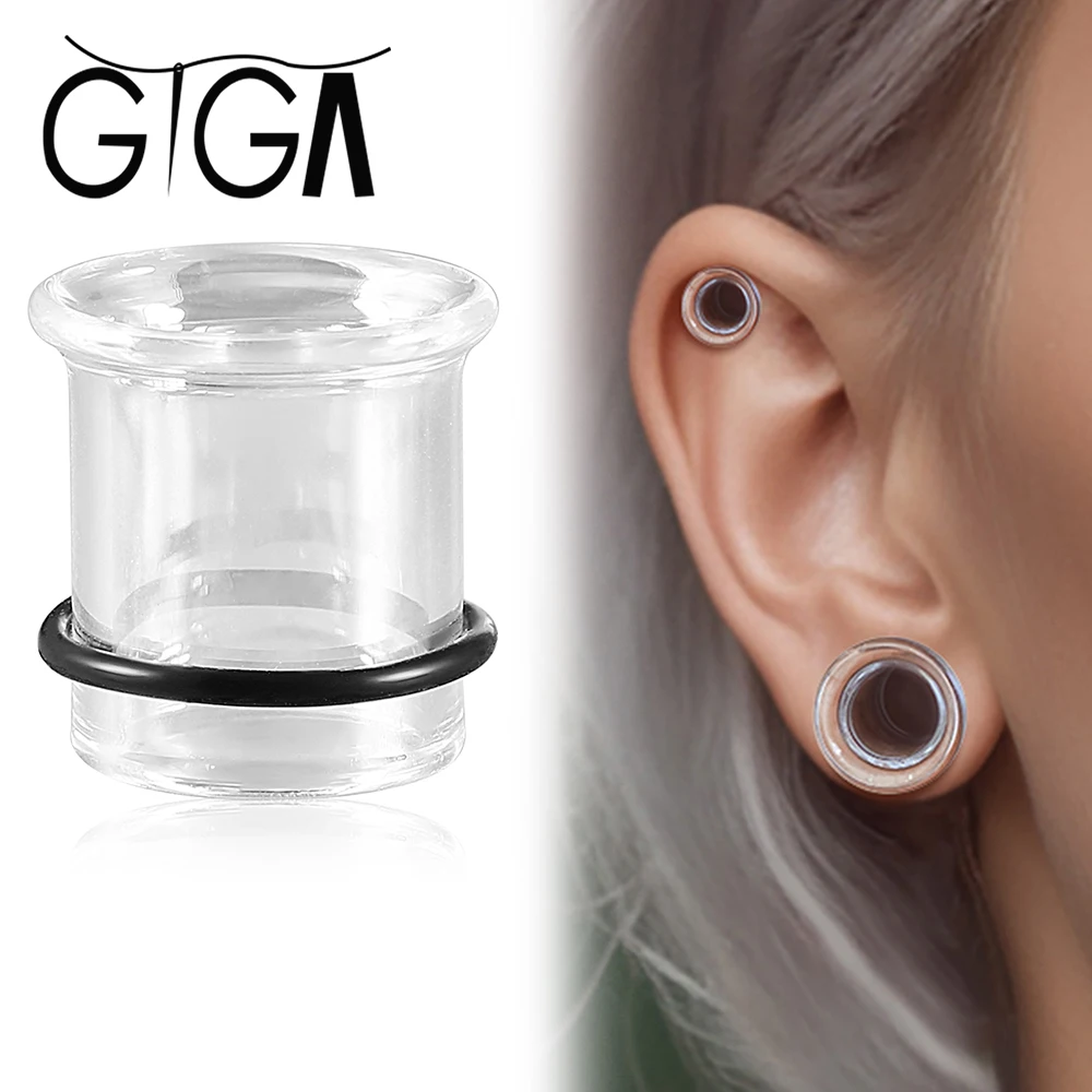 

Giga 2Pcs New Fashion Ear Tunnels Plugs Transparent Glass Horn Shaped With Rubber Rings For Body Stretcher Expander Piercing