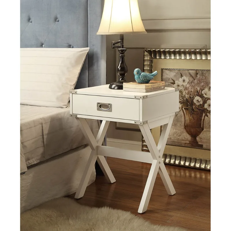 

White X Frame End Table with Drawer Small Nightstand for Bedroom Living Room