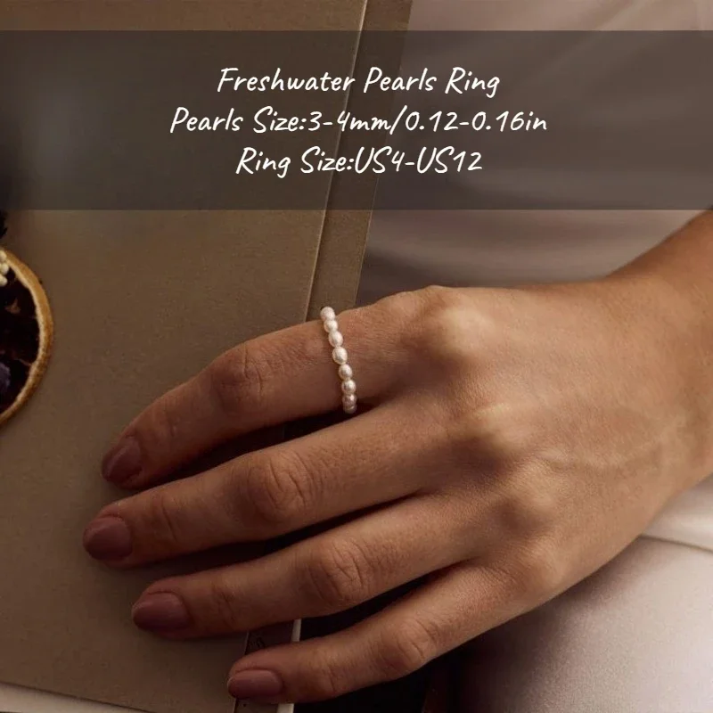 

MYSOYA White 3-4mm Rice-shaped Freshwater Pearl Ring With Gift Box For Her/Him Birthday/Wedding/Christmas/New Year Gift