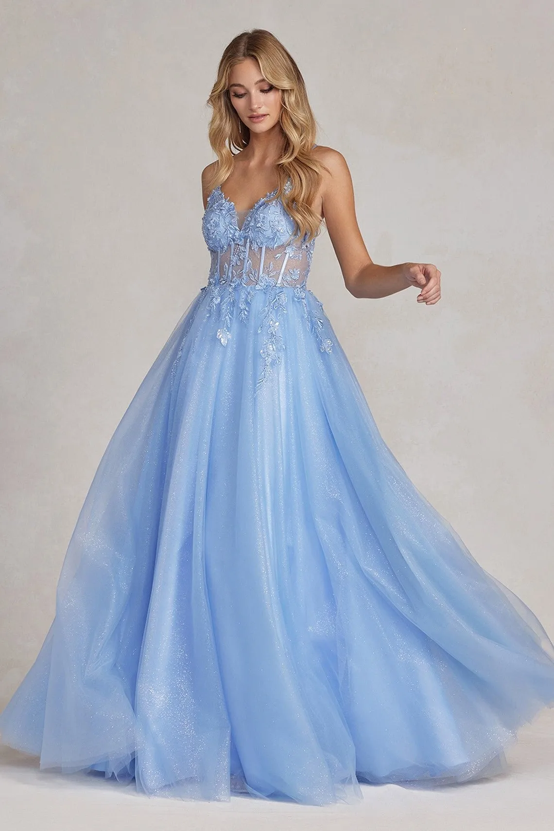 Sky Blue Evening Dresses Beaded Lace Applique Glitters Tulle Sparkly V-neck Long  Formal Party Special Occasion Prom Gowns