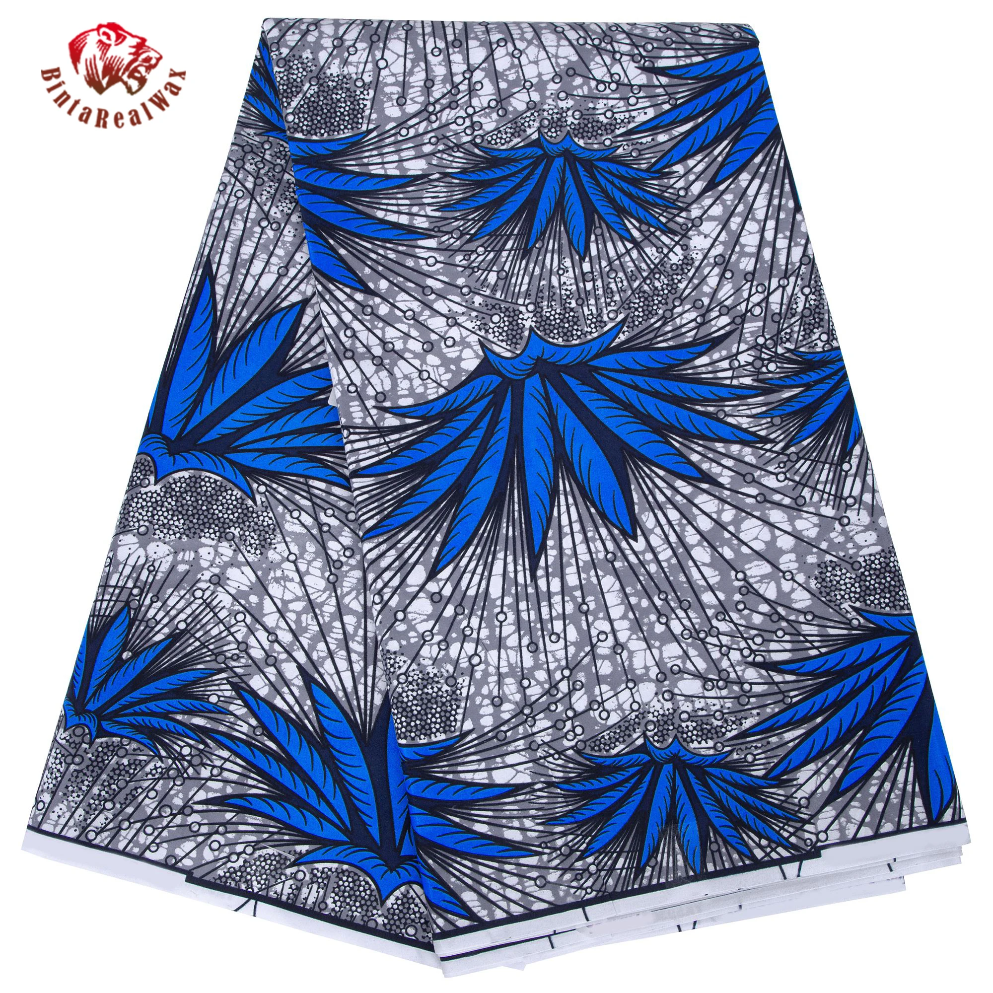 

African Ankara Wax Print Fabric – Blue Floral Pattern with Gray Background, for Dress, Skirt, Headwrap & DIY Sewing FP6704