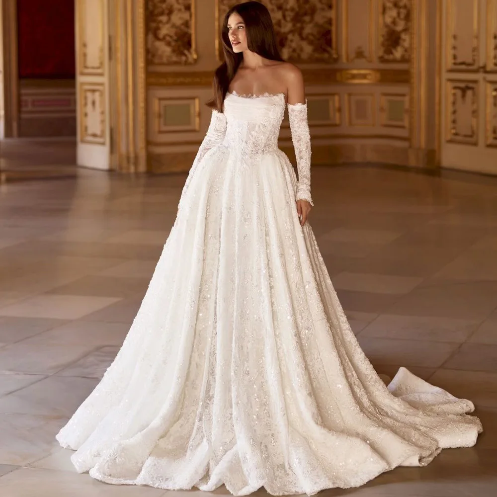 High Quality Lace A-Line Customized Wedding Dress Luxury Appliques and Beading Vestido De Novia Strapless Sleeveless Bridal Gown
