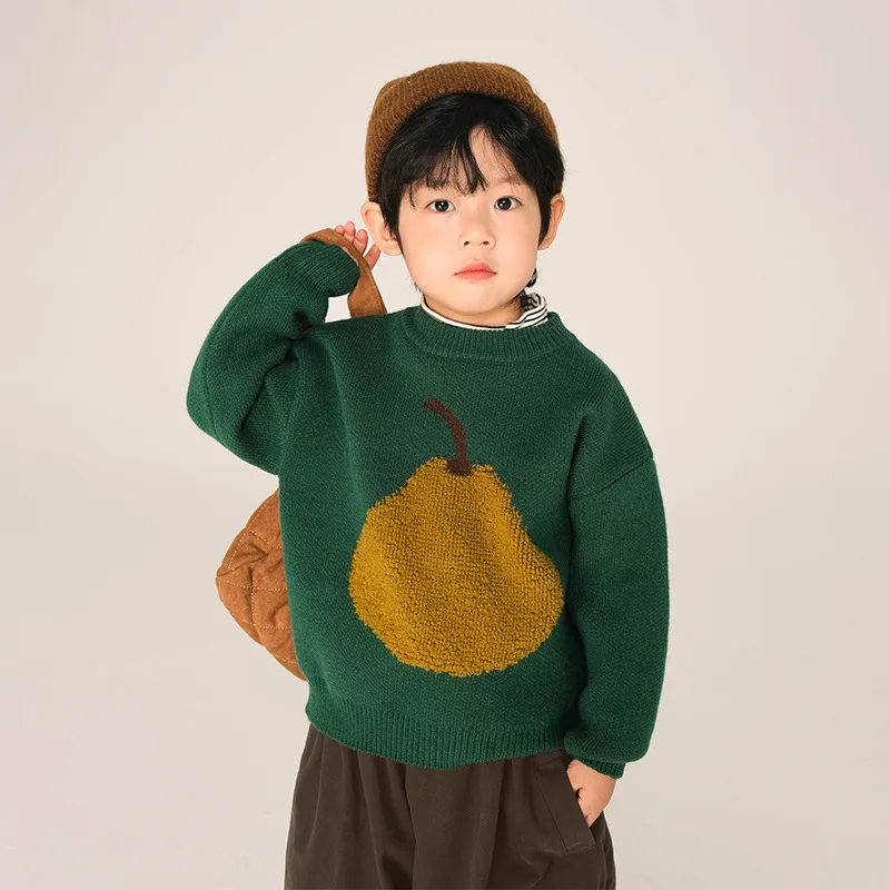 New Winter Kids sweater Pear Embroidery Children\'s thicken warm knitwear Tops Boys soft loose knit pullover