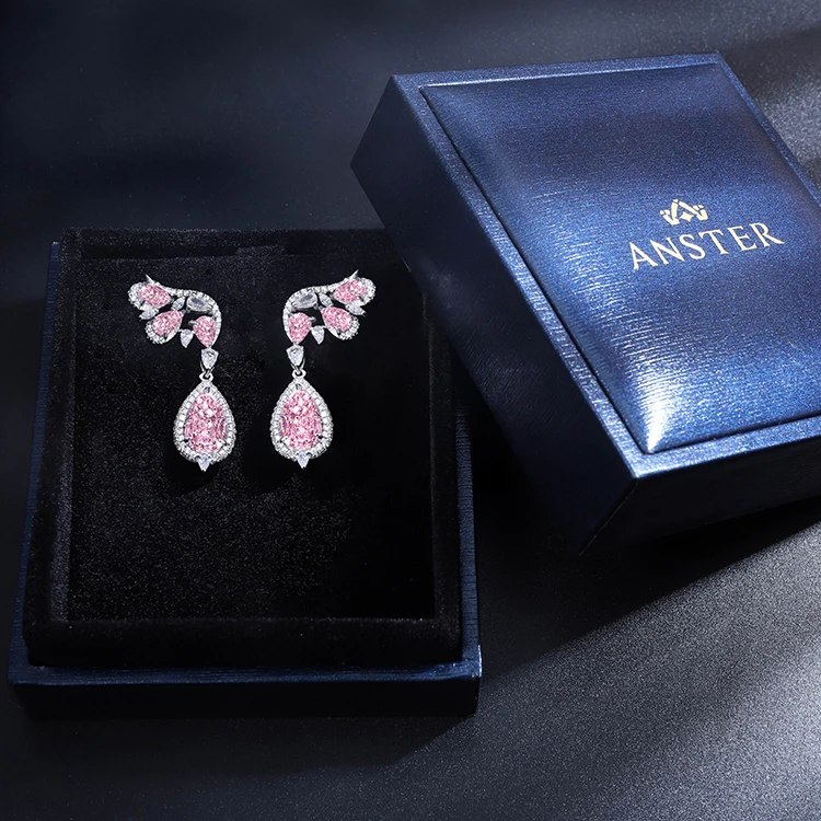 

Silver Jewelry 925 Sterling CZ Stud Earring Pink Zircon Drop Fancy Wings Dainty Gemstone Earring