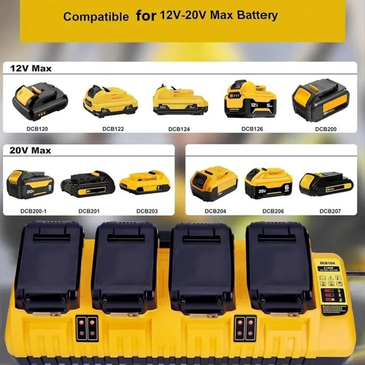 

Зарядное устройство DCB104 для быстрой зарядки аккумуляторов 12В и 20В Max, 4 порта с 2 USB-портами, DCB127 (версия для ЕС)