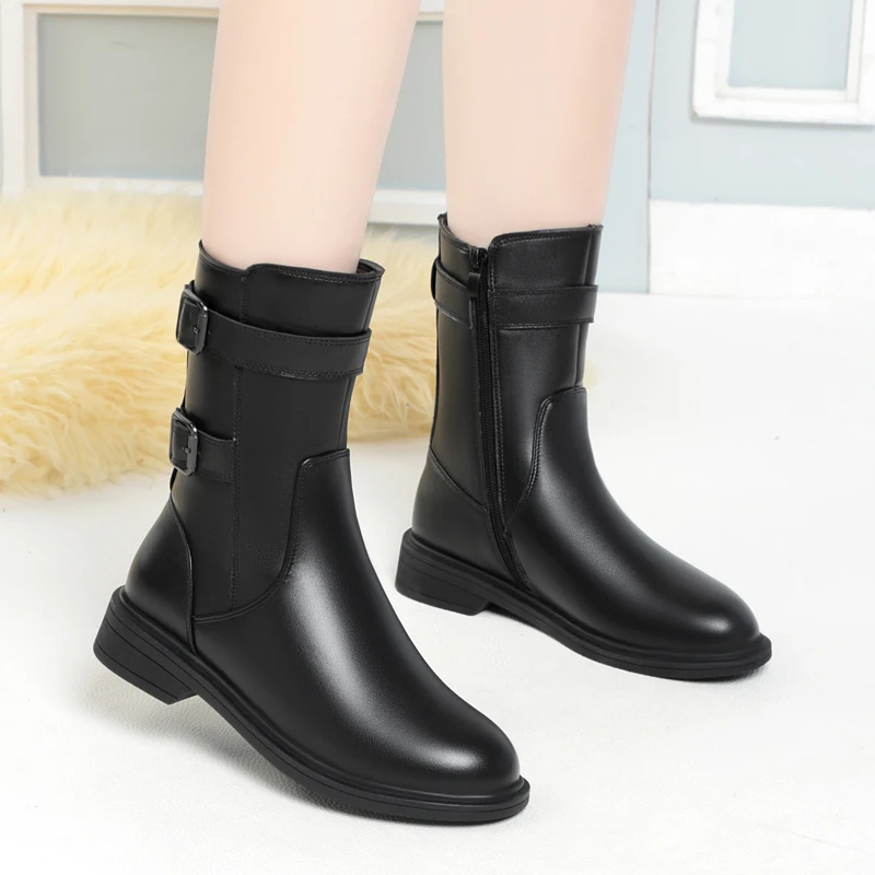 DIMANYU Winter Boots Women Genuine Leather Large Size 41 42 43 Women Snow Boots Thickened Wool Warm Chunky Women Boots