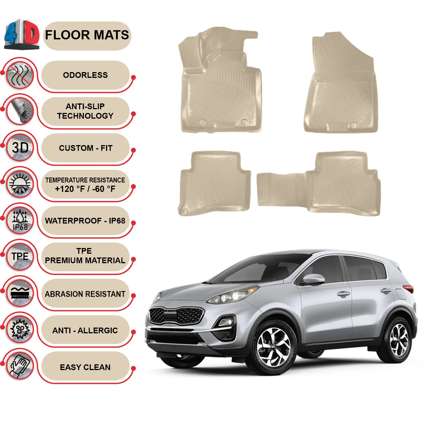 Kia Sportage - (2016-2021) Floor Mats Liner Waterproof 3D - (Beige)